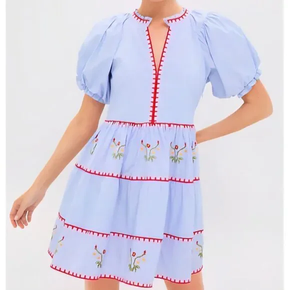 NWT Hyacinth House - S - Blue Pinstripe Embroidered V-Neck Lillian Mini Dress - Picture 4 of 8